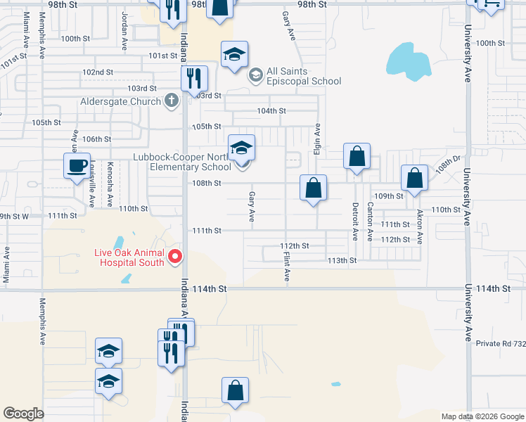map of restaurants, bars, coffee shops, grocery stores, and more near 3112 110th Street in Lubbock