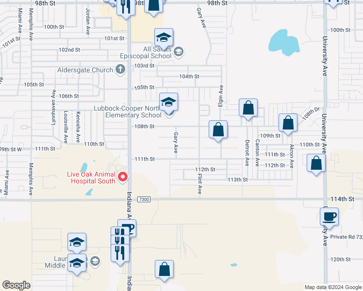 map of restaurants, bars, coffee shops, grocery stores, and more near 3114 110th Street in Lubbock