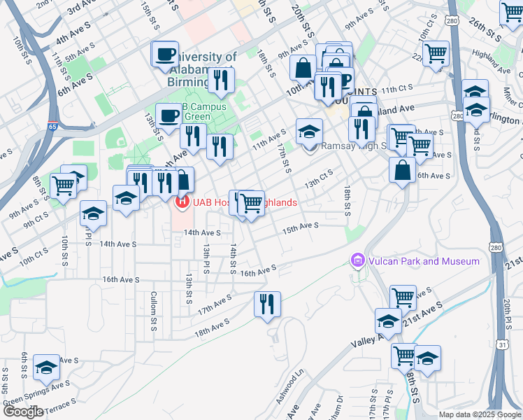 map of restaurants, bars, coffee shops, grocery stores, and more near 1515 13th Avenue South in Birmingham