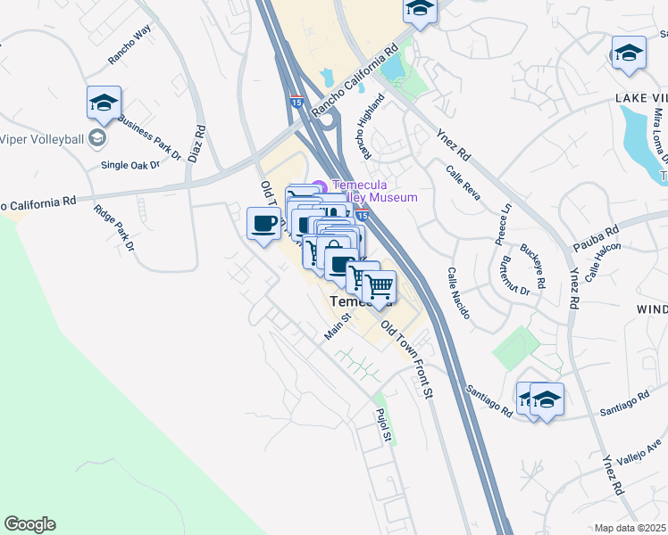 map of restaurants, bars, coffee shops, grocery stores, and more near 28545 Old Town Front Street in Temecula