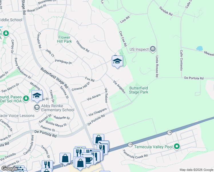 map of restaurants, bars, coffee shops, grocery stores, and more near 43250 Via Sabino in Temecula