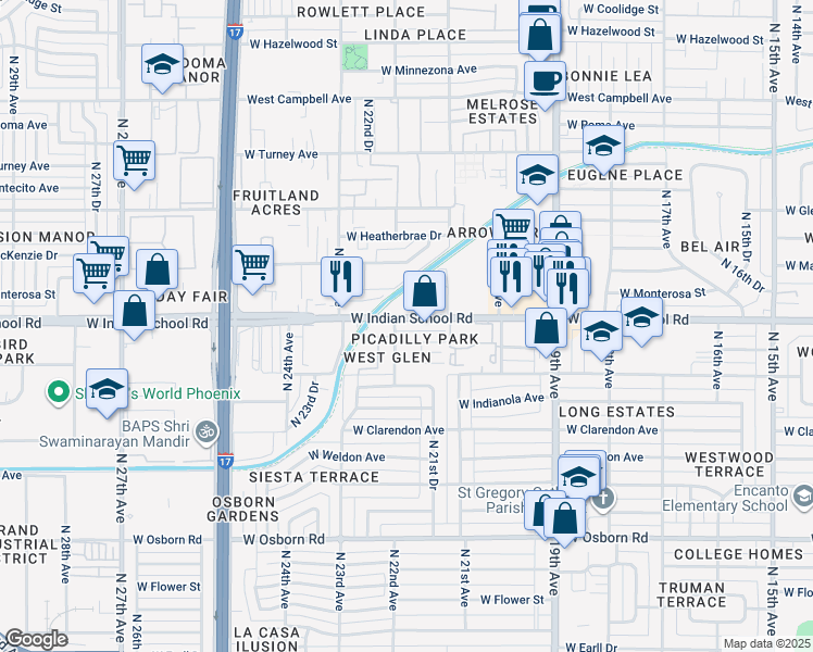map of restaurants, bars, coffee shops, grocery stores, and more near 2129 W Indian School Rd in Phoenix
