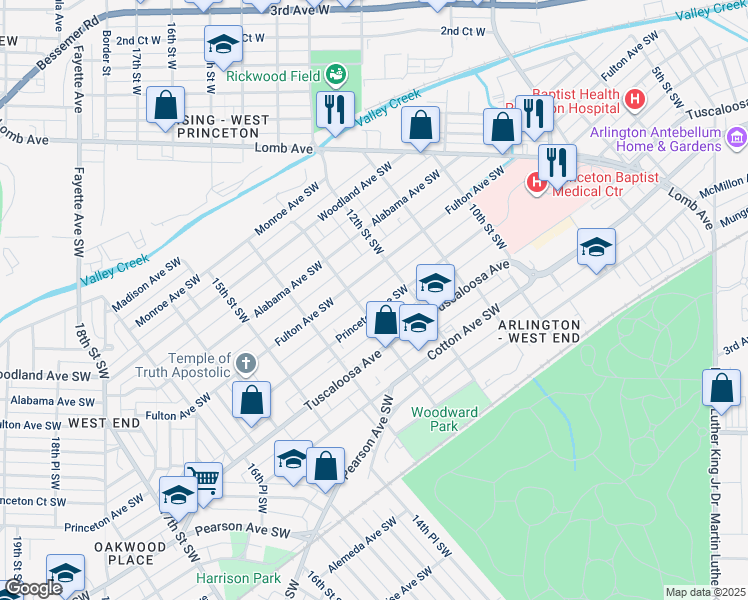 map of restaurants, bars, coffee shops, grocery stores, and more near 515 13th Street Southwest in Birmingham
