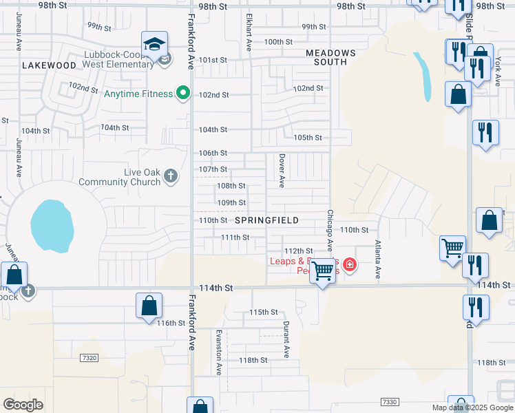 map of restaurants, bars, coffee shops, grocery stores, and more near 5705 109th Street in Lubbock