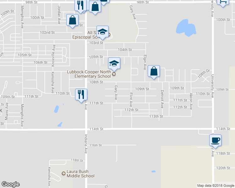 map of restaurants, bars, coffee shops, grocery stores, and more near 3116 110th Street in Lubbock