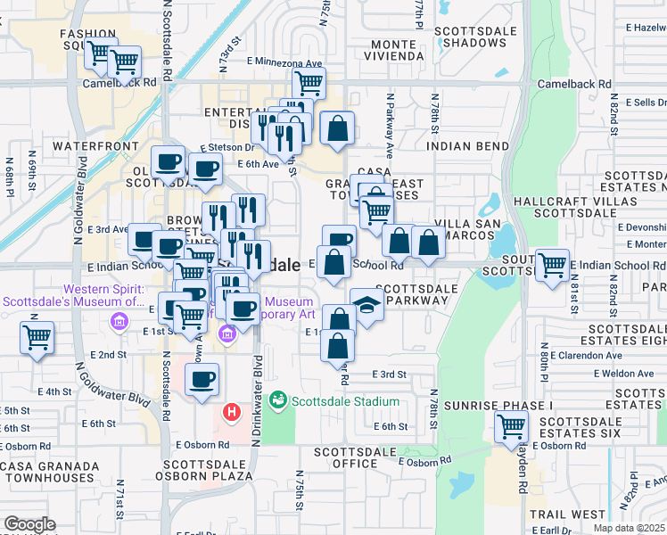 map of restaurants, bars, coffee shops, grocery stores, and more near 7539 E Indian School Rd in Scottsdale