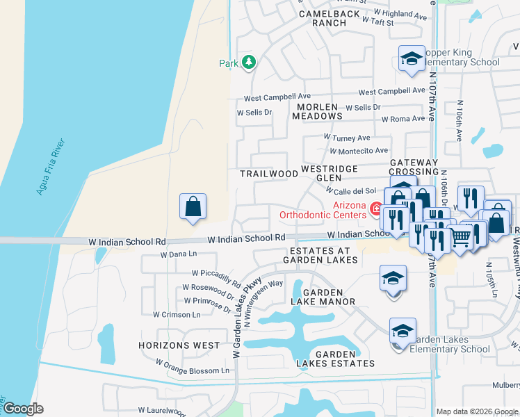 map of restaurants, bars, coffee shops, grocery stores, and more near 11207 West Devonshire Avenue in Phoenix