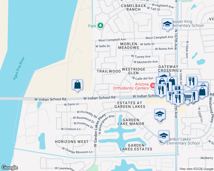 map of restaurants, bars, coffee shops, grocery stores, and more near 11207 West Devonshire Avenue in Phoenix