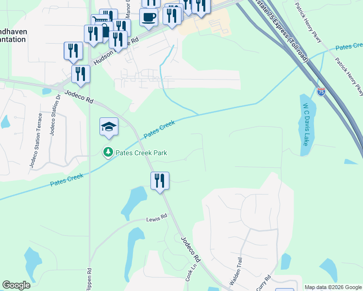 map of restaurants, bars, coffee shops, grocery stores, and more near 205 Acadian Way in Stockbridge