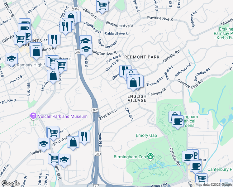 map of restaurants, bars, coffee shops, grocery stores, and more near 1884 Red Mountain Lane in Birmingham