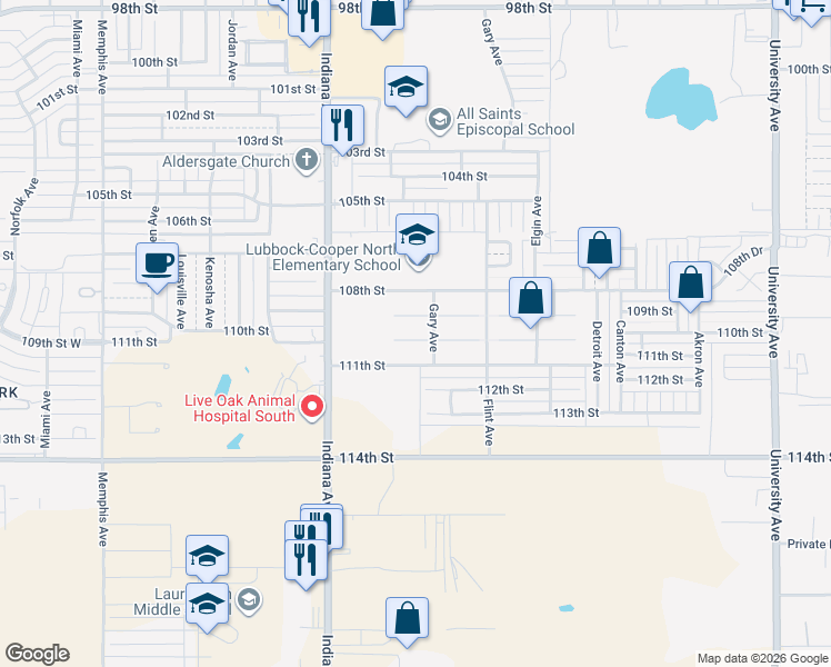map of restaurants, bars, coffee shops, grocery stores, and more near 3206 110th Street in Lubbock