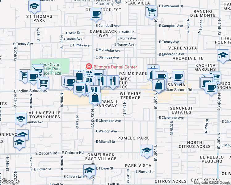 map of restaurants, bars, coffee shops, grocery stores, and more near 3333 East Indian School Road in Phoenix