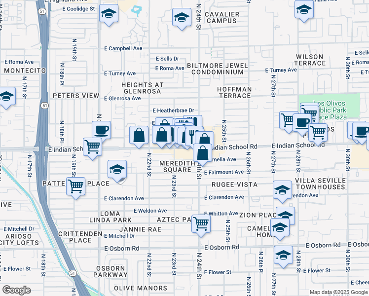 map of restaurants, bars, coffee shops, grocery stores, and more near 2306 East Indian School Road in Phoenix