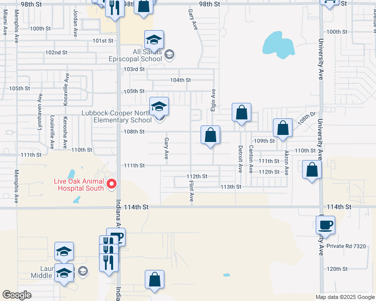 map of restaurants, bars, coffee shops, grocery stores, and more near 3019 109th Street in Lubbock