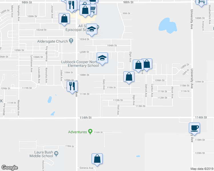 map of restaurants, bars, coffee shops, grocery stores, and more near 3113 109th Street in Lubbock