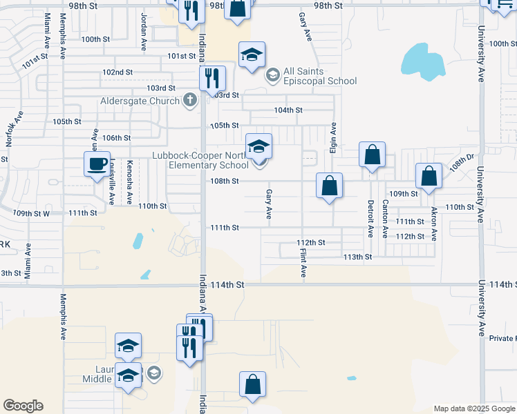 map of restaurants, bars, coffee shops, grocery stores, and more near 3207 109th Street in Lubbock