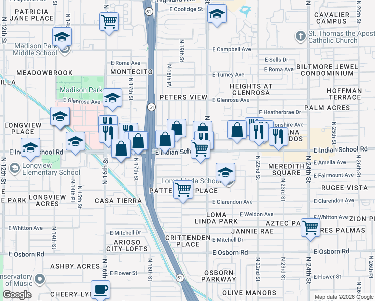 map of restaurants, bars, coffee shops, grocery stores, and more near 1910 East Indian School Road in Phoenix