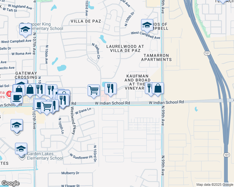 map of restaurants, bars, coffee shops, grocery stores, and more near 10208 West Monterosa Street in Phoenix