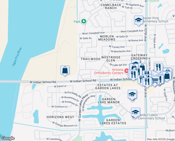 map of restaurants, bars, coffee shops, grocery stores, and more near 11207 West Devonshire Avenue in Phoenix