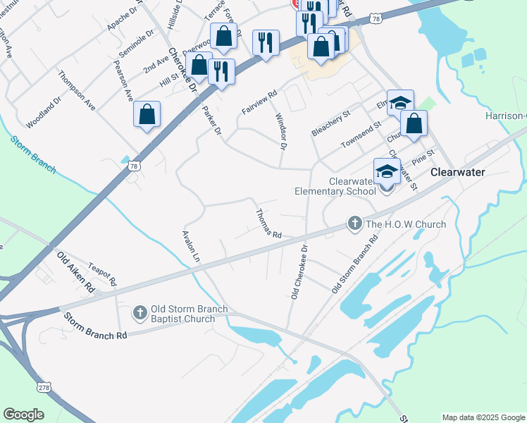 map of restaurants, bars, coffee shops, grocery stores, and more near 86 Happiness Lane in Beech Island