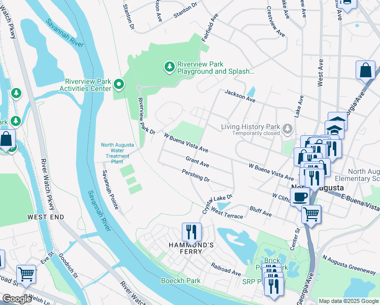 map of restaurants, bars, coffee shops, grocery stores, and more near 610 East Buena Vista Avenue in North Augusta