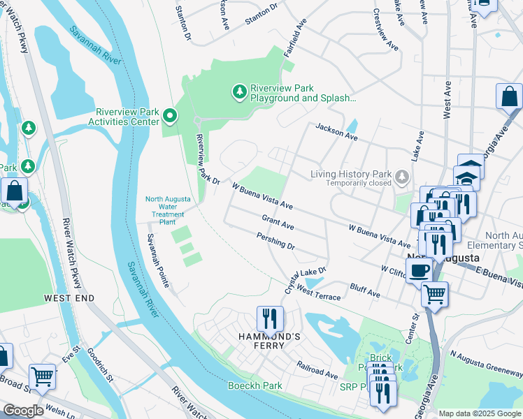 map of restaurants, bars, coffee shops, grocery stores, and more near 610 East Buena Vista Avenue in North Augusta