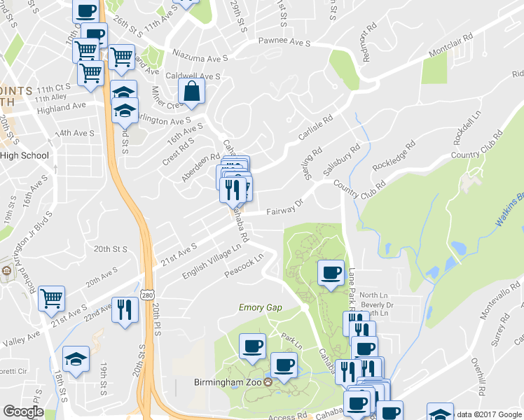 map of restaurants, bars, coffee shops, grocery stores, and more near 2850 Fairway Drive in Mountain Brook