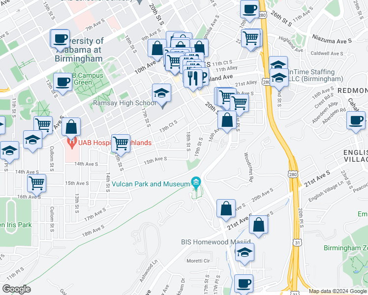 map of restaurants, bars, coffee shops, grocery stores, and more near 1431 18th Street South in Birmingham