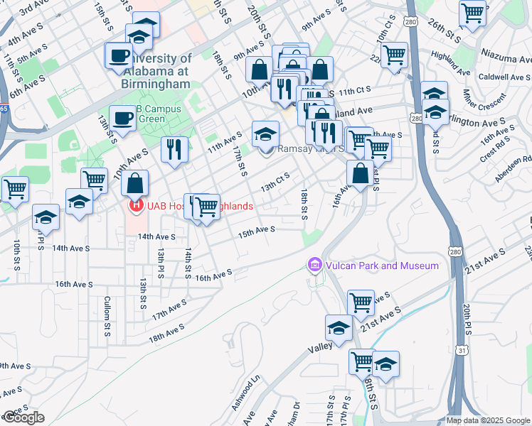 map of restaurants, bars, coffee shops, grocery stores, and more near 1401 17th Street South in Birmingham