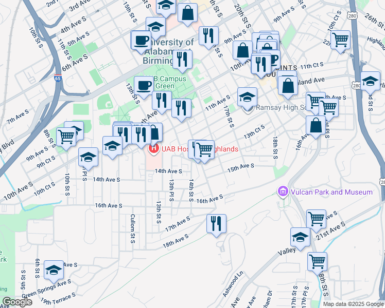 map of restaurants, bars, coffee shops, grocery stores, and more near 1143 14th Street South in Birmingham