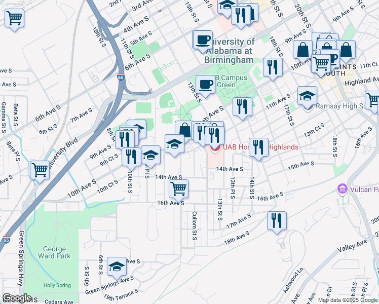 map of restaurants, bars, coffee shops, grocery stores, and more near 1100 12th Street South in Birmingham