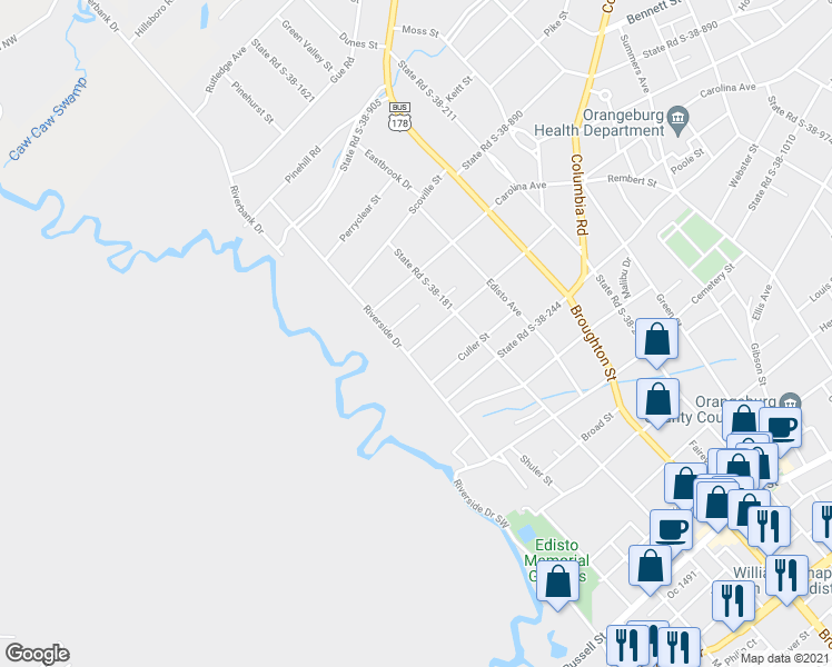 map of restaurants, bars, coffee shops, grocery stores, and more near 831 State Road S-38-1825 in Orangeburg