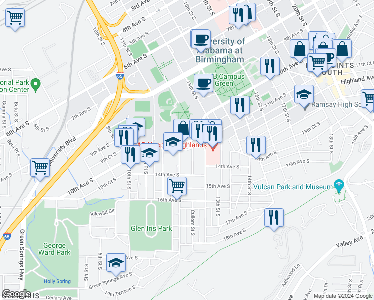 map of restaurants, bars, coffee shops, grocery stores, and more near 1164 11th Avenue South in Birmingham
