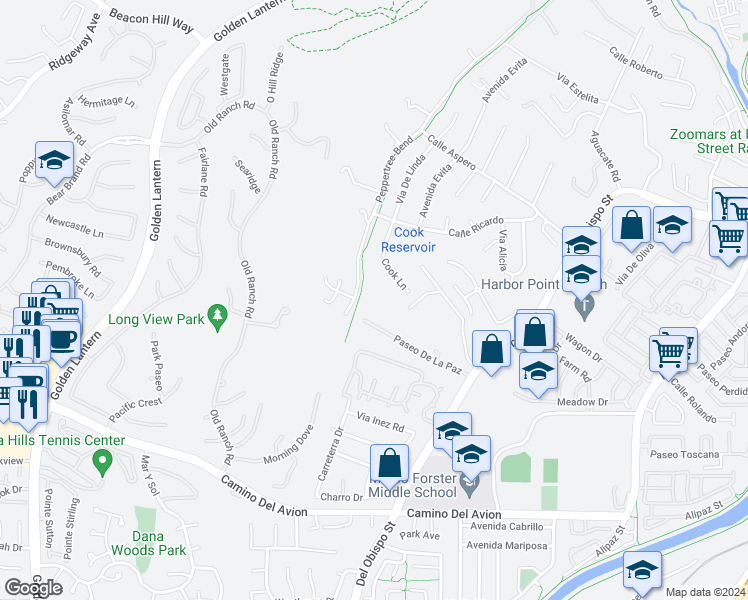 map of restaurants, bars, coffee shops, grocery stores, and more near 25581 Paseo De La Paz in San Juan Capistrano