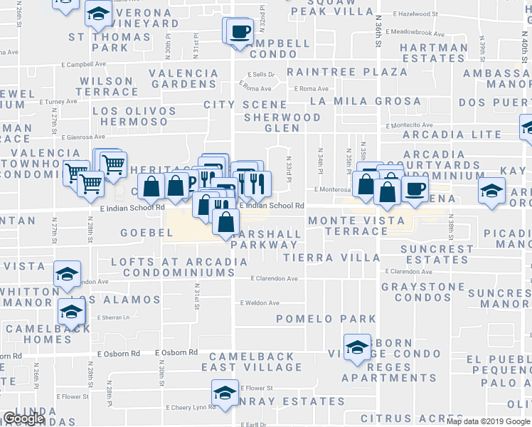 map of restaurants, bars, coffee shops, grocery stores, and more near 3243 East Indian School Road in Phoenix