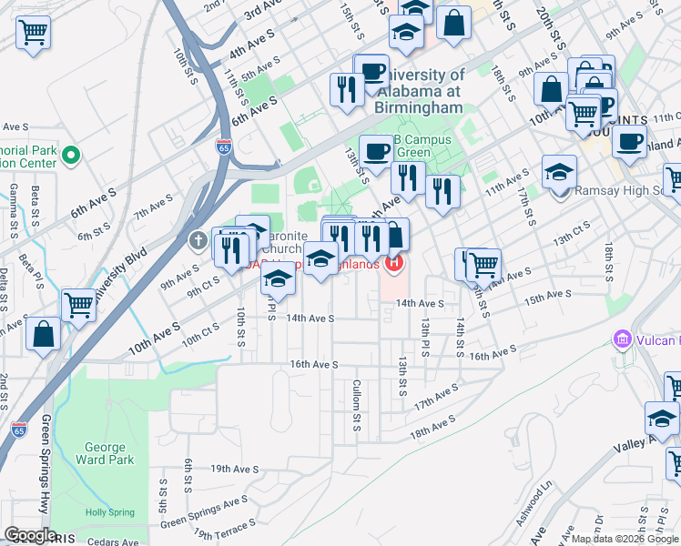map of restaurants, bars, coffee shops, grocery stores, and more near 1154 11th Ave S in Birmingham