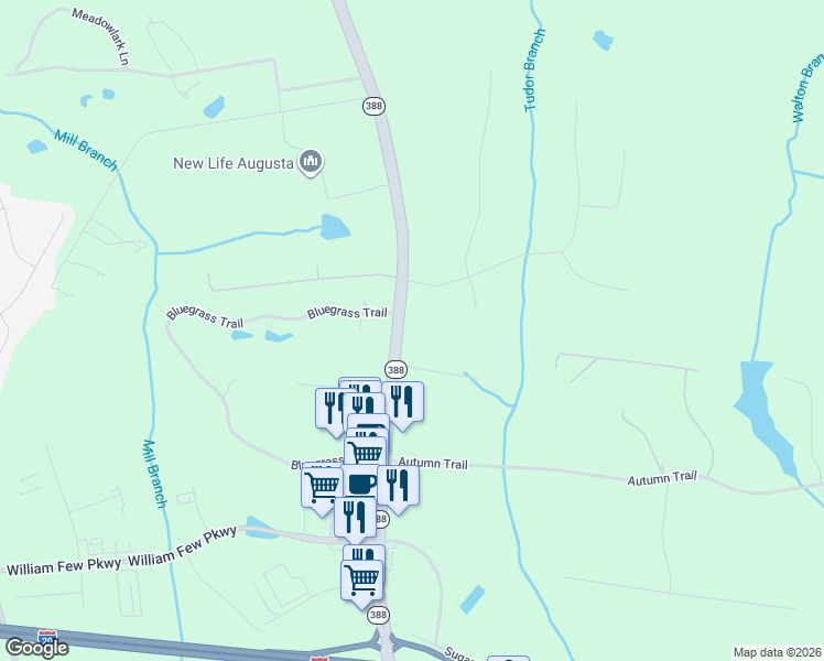 map of restaurants, bars, coffee shops, grocery stores, and more near 360 Lewiston Road in Grovetown