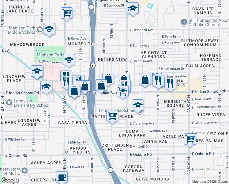 map of restaurants, bars, coffee shops, grocery stores, and more near 1910 East Indian School Road in Phoenix