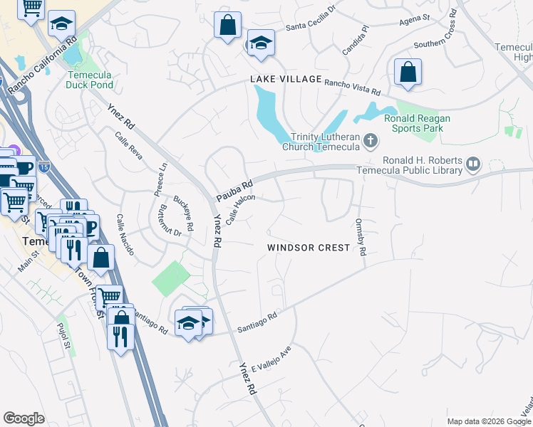 map of restaurants, bars, coffee shops, grocery stores, and more near 30275 Calle Halcon in Temecula