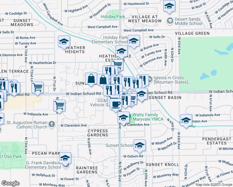 map of restaurants, bars, coffee shops, grocery stores, and more near 6706 West Indian School Road in Phoenix