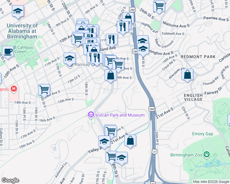map of restaurants, bars, coffee shops, grocery stores, and more near 1734 Woodcrest Road South in Birmingham