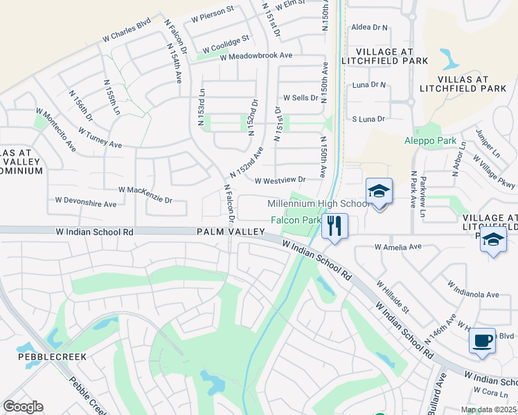 map of restaurants, bars, coffee shops, grocery stores, and more near 4175 North Falcon Drive in Goodyear