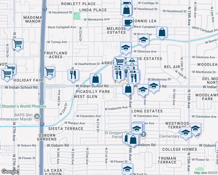 map of restaurants, bars, coffee shops, grocery stores, and more near 2025 West Indian School Road in Phoenix