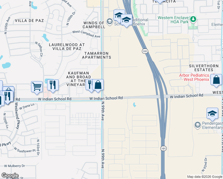map of restaurants, bars, coffee shops, grocery stores, and more near 4200 North 99th Avenue in Phoenix