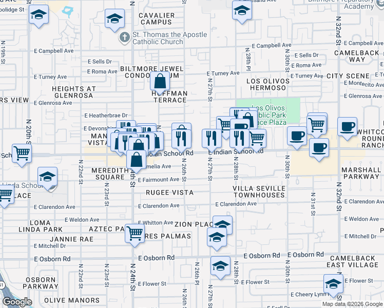 map of restaurants, bars, coffee shops, grocery stores, and more near in Phoenix