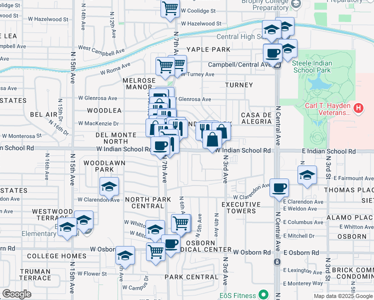 map of restaurants, bars, coffee shops, grocery stores, and more near 602 West Indian School Road in Phoenix