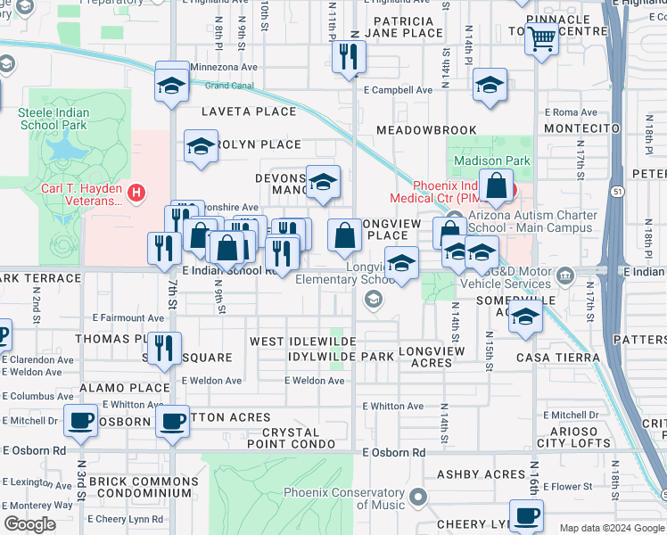 map of restaurants, bars, coffee shops, grocery stores, and more near 1130 East Indian School Road in Phoenix