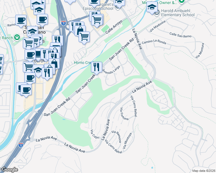 map of restaurants, bars, coffee shops, grocery stores, and more near 32187 Via Barrida in San Juan Capistrano