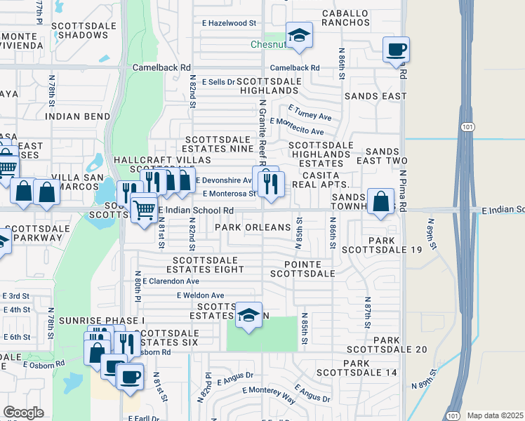 map of restaurants, bars, coffee shops, grocery stores, and more near 8400 East Indian School Road in Scottsdale