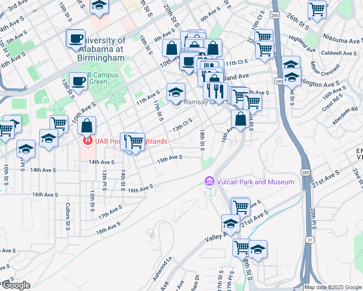 map of restaurants, bars, coffee shops, grocery stores, and more near 1710 14th Terrace South in Birmingham